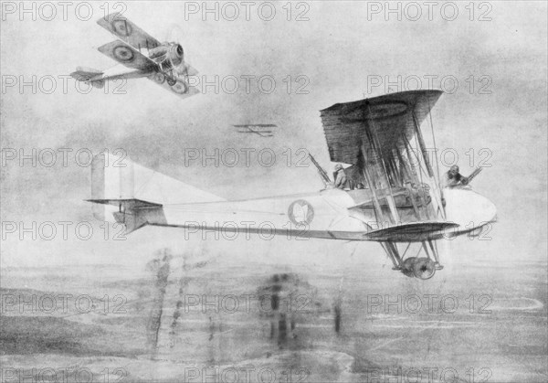 Three-seated aeroplane on a photographic mission, protected by a Spad fighter aircraft, 1918 (1926).Artist: Etienne Cournault