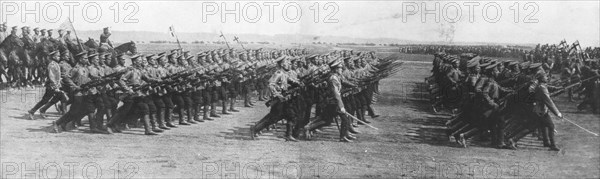 Russian troops parading during French President Raymond Poincare's visit to Russia, 22 July, 1914. Creator: Unknown.