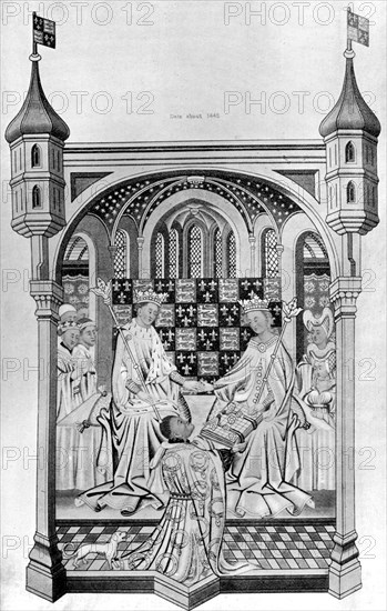 John Talbot, Earl of Shrewsbury, presenting a book to Margaret of Anjou, c1445, (1910). Artist: Unknown