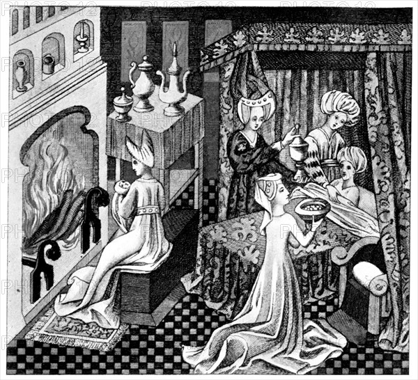 Bedroom scene, 15th century, (1910). Artist: Unknown