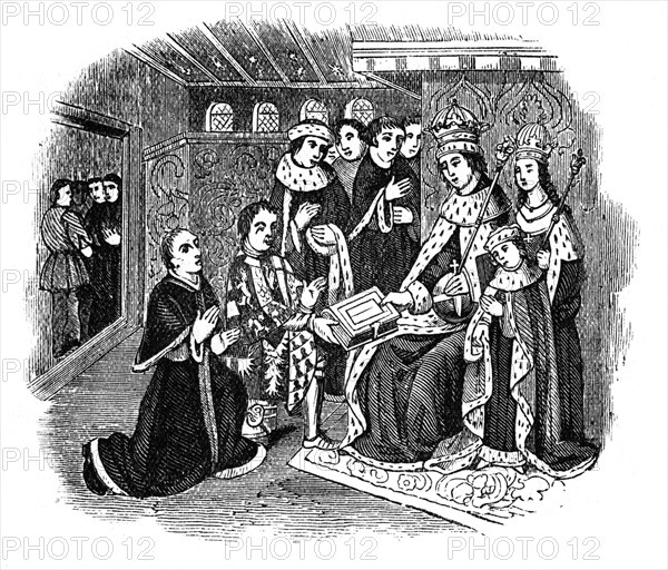 Lord Rivers and Caxton before Edward IV, 15th century, (1910). Artist: Unknown