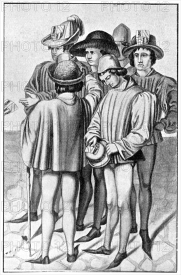 Men wearing favours in their hats, 15th century, (1910). Artist: Unknown