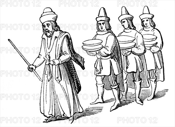 Steward and serving men, 15th century, (1910). Artist: Unknown