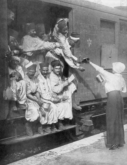 Turkish riflemen en route to the front by train, 1914. Artist: Unknown