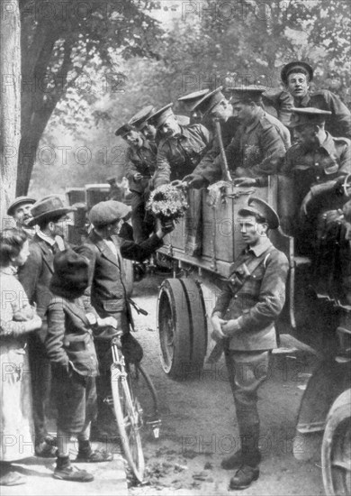 British troops on the way to the front, France, 1914. Artist: Unknown