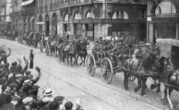 British Horse drawn artillery in Rouen, France, August 1914, (1926). Artist: Unknown