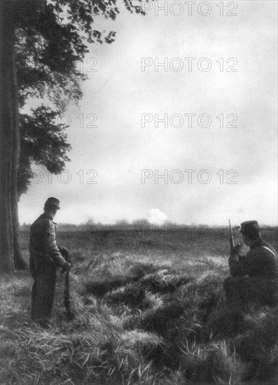 French soldiers watching artillery fire, 1st Battle of the Marne, France, 5-12 September 1914. Artist: Unknown