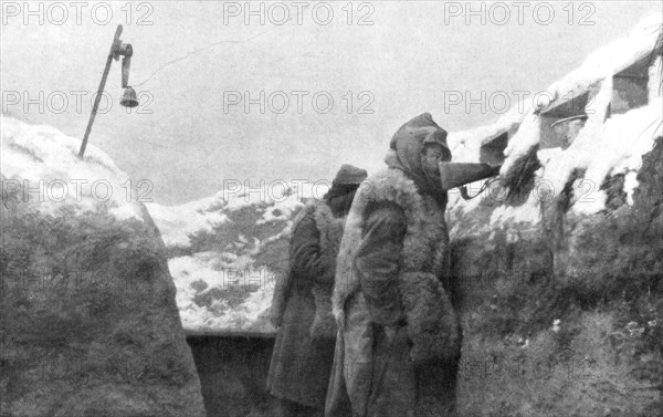 Sentries in a trench looking out over no-man's-land, Pas-de-Calais, France, winter, 1915. Artist: Unknown