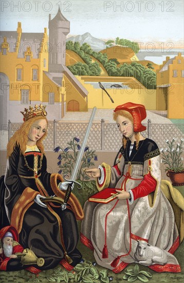 'St Catherine and St Agnes', 15th century, (1870). Artist: Franz Kellerhoven