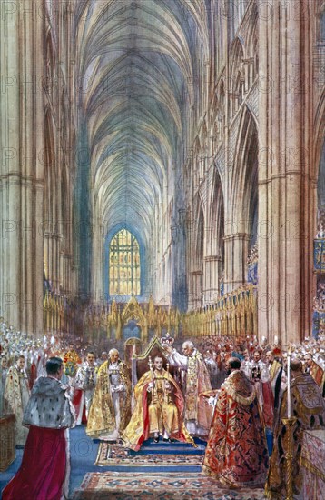 'The Act of Crowning', George VI's coronation ceremony, Westminster Abbey, London, 12 May 1937.Artist: Henry Charles Brewer
