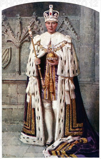 George VI in coronation robes: the Robe of Purple Velvet, with the Imperial State Crown, 1937.Artist: Fortunino Matania