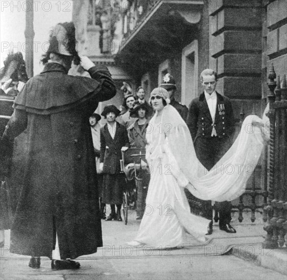 Lady Elizabeth Bowes-Lyon on her way to be married at Westminster Abbey, 26 April 1923, (1937). Artist: Unknown