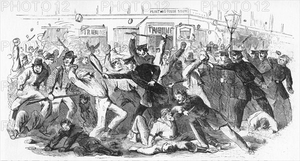 'Police Charge Rioters At The Tribune Office', c1860s. Artist: Unknown