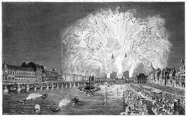 Fireworks On The Bridge, Paris, 1754, (1885). Artist: Unknown