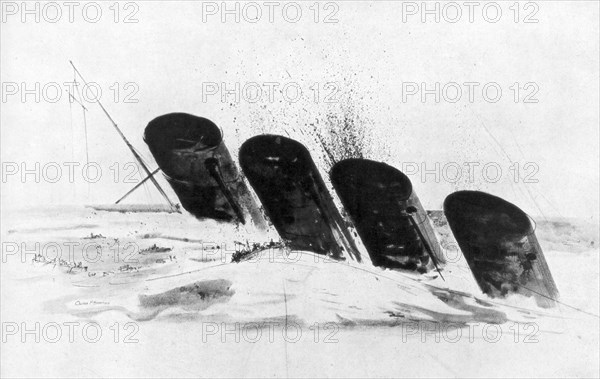 The sinking of RMS Lusitania, 7 May 1915, (1926). Artist: Oliver Bernard