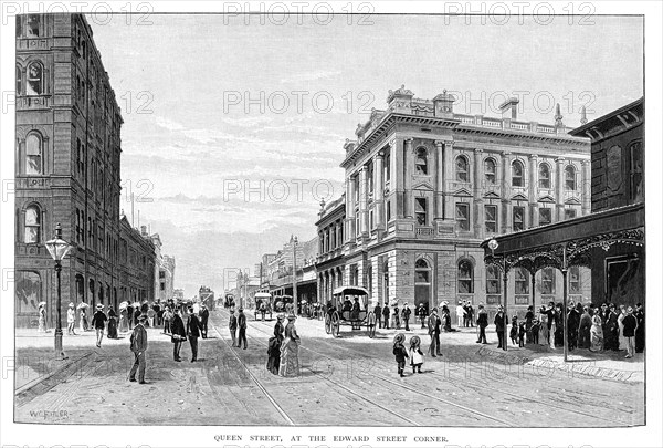 'Queen Street, at the Edward Street Corner', Brisbane, 1860, (1886). Artist: WC Fitler