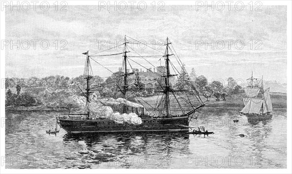 Government House and HMS 'Nelson', Sydney, New South Wales, Australia, 1886.Artist: JR Ashton