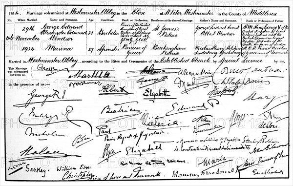 The marriage certificate of the Duke and Duchess of Kent, 1934. Artist: Unknown