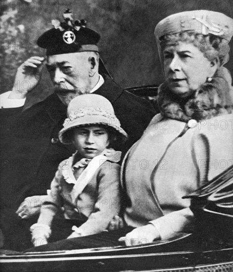 King George V and Queen Mary with Princess Margaret driving to church, Balmoral, c1930s. Artist: Unknown