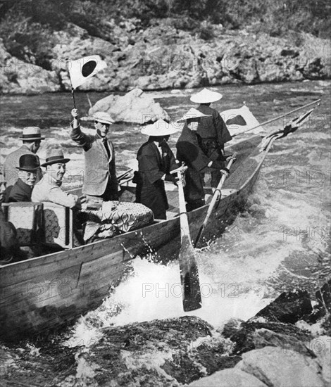 The Prince of Wales shooting the rapids at Kyoto, Japan, 1922. Artist: Unknown