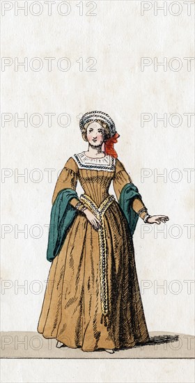 Lady-in-waiting, costume design for Shakespeare's play, Henry VIII, 19th century. Artist: Unknown