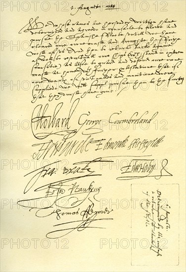 Resolution of a Council of War of the English commanders, 1st August 1588.Artist: Sir Francis Drake
