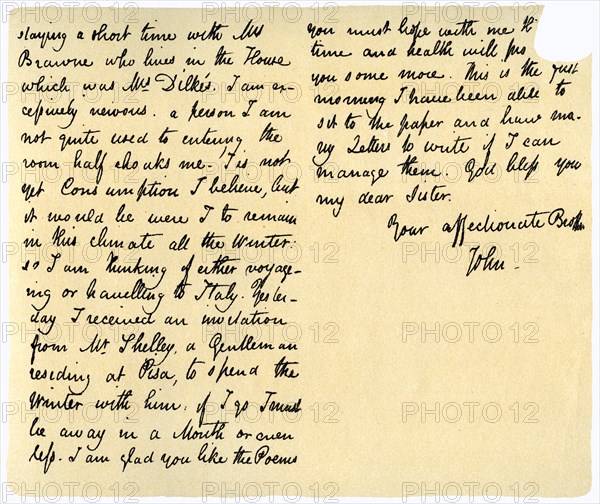 Letter from John Keats to his sister, Fanny Keats, 14th August 1820. Artist: John Keats