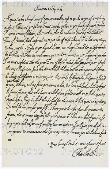 Letter from Charles I to his nephew, Prince Maurice, 20th September 1645. Artist: King Charles I