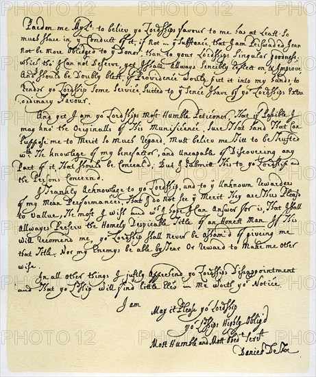 Letter from Daniel Defoe to Charles Montague, 1705.Artist: Daniel Defoe