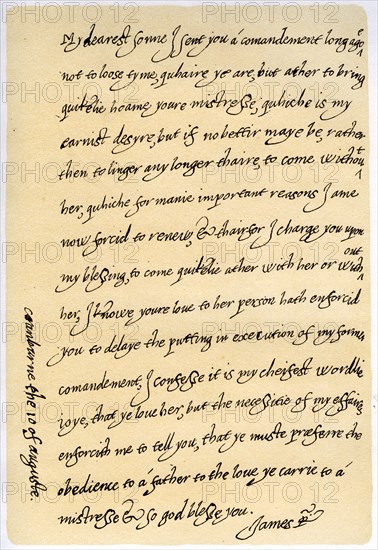 Letter from James I to his son, Charles, Prince of Wales, 10th August 1623.Artist: King James I
