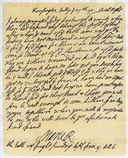 Letter from Queen Mary II to Frances Lumley, 29th July 1692.Artist: Queen Mary II