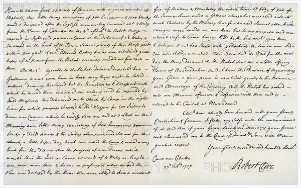 Letter from Robert Clive to Thomas Pelham-Holles, 23rd February 1757.Artist: Robert Clive