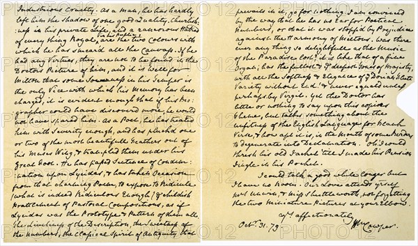 Letter from William Cowper to William Unwin, 31st October 1779.Artist: William Cowper