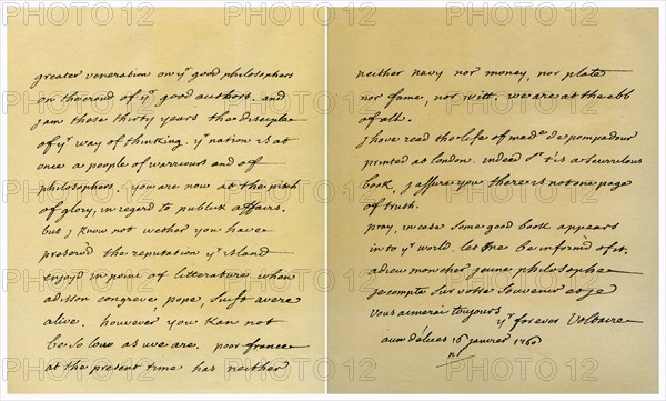 Letter from Francois Marie Arouet de Voltaire to George Keat, 16th January 1760.Artist: Voltaire