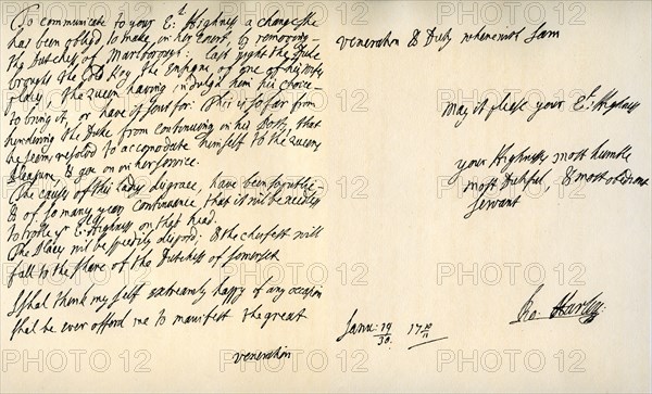 Letter from Robert Harley, Earl of Oxford, to the future King George I, c1711.Artist: Robert Harley, Earl of Oxford