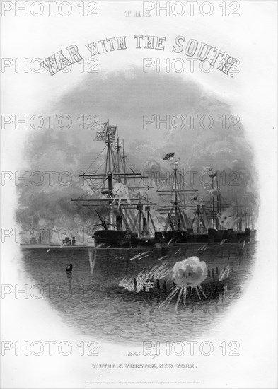 Fleet passing the fort and obstructions, Battle of Mobile Bay, August 5, 1864, (1862-1867). Artist: Unknown