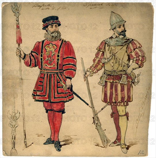 Beefeater and Spanish soldier, 19th century.Artist: Lucien Besche