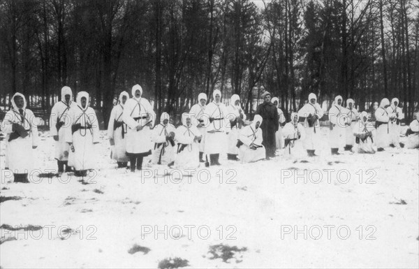 Russian soldiers in winter uniform, Galician front, Poland, World War I, December 1914.Artist: Stuff