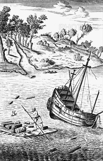 'Robinson Crusoe Saving His Goods out of the wreck of the Ship', c1719. Artist: Unknown