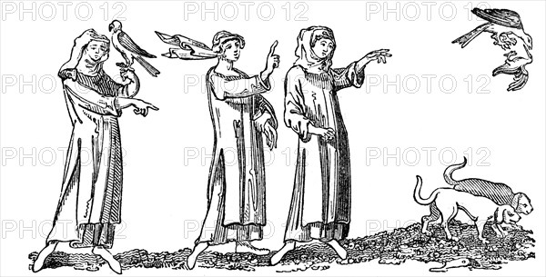 Ladies Hawking, 14th century, (1833). Artist: Unknown