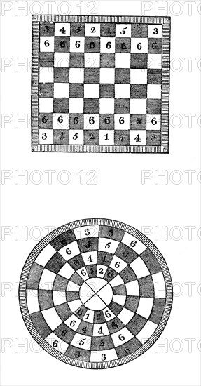 Square and circular chessboards, 14th century, (1833). Artist: Unknown