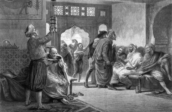 A barber's shop in Tunis, 1875.Artist: John Evan Hodgson