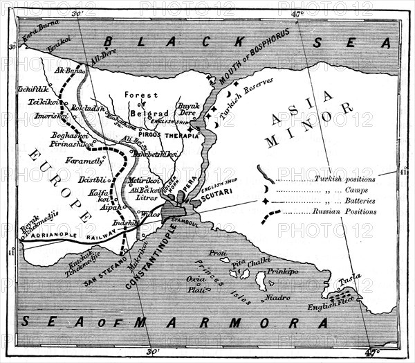 A map showing the positions of Russian and Turkish lines outside Constantinople, 1900. Artist: Unknown