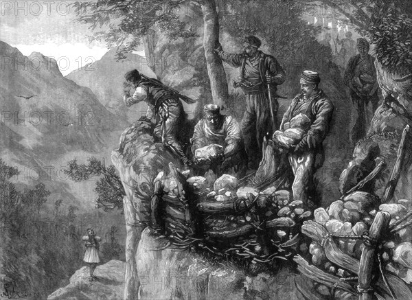 Miridites and Albanians building stone batteries for mountain defences, Albania, 1880.Artist: Chomberg