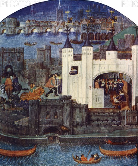 The Tower of London with London Bridge, c1500, (c1900-1920). Artist: Unknown