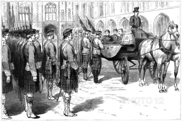 Queen Victoria receiving the old colours of the Seaforth Highlanders, Windsor, 1885. Artist: Unknown