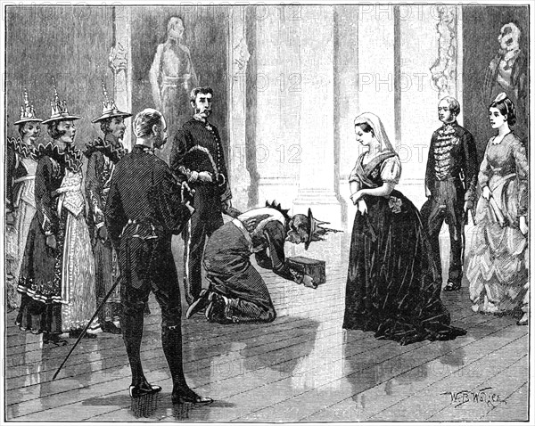 The queen receiving the Burmese embassy, mid-late 19th century, (1900).Artist: William Barnes Wollen