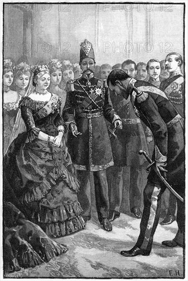 The Shah of Persia presenting his suit to Queen Victoria at Windsor, mid-late 19th century. Artist: Unknown