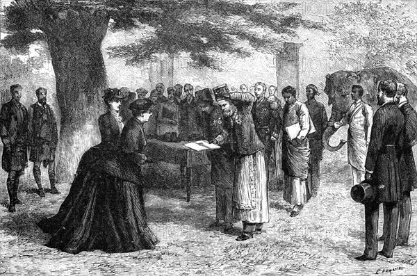 Queen Victoria receiving the Abyssinian envoys at Osborne House, mid-late 19th century. Artist: Unknown