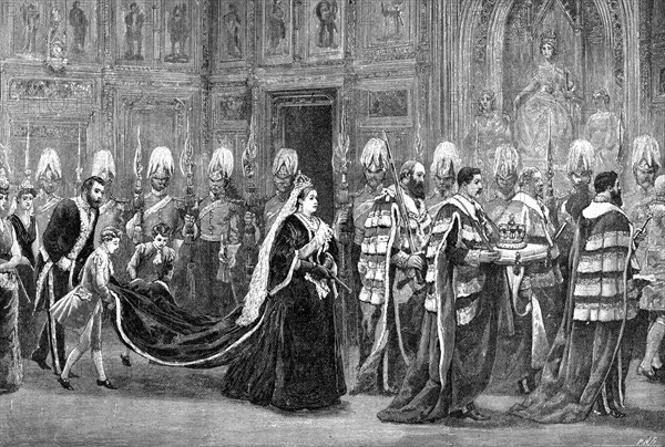 The royal procession in Westminster Palace on the way to the House of Lords, 1886, (1900). Artist: Unknown